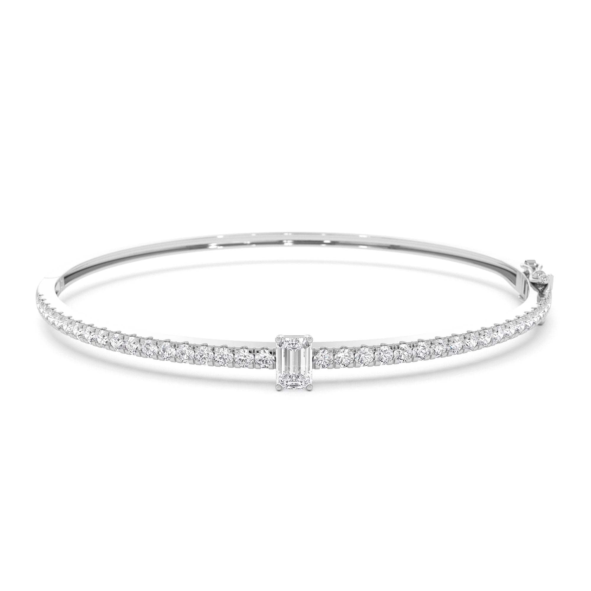 14k Gold Emerald Cut and Round Diamond Bangle - view 2