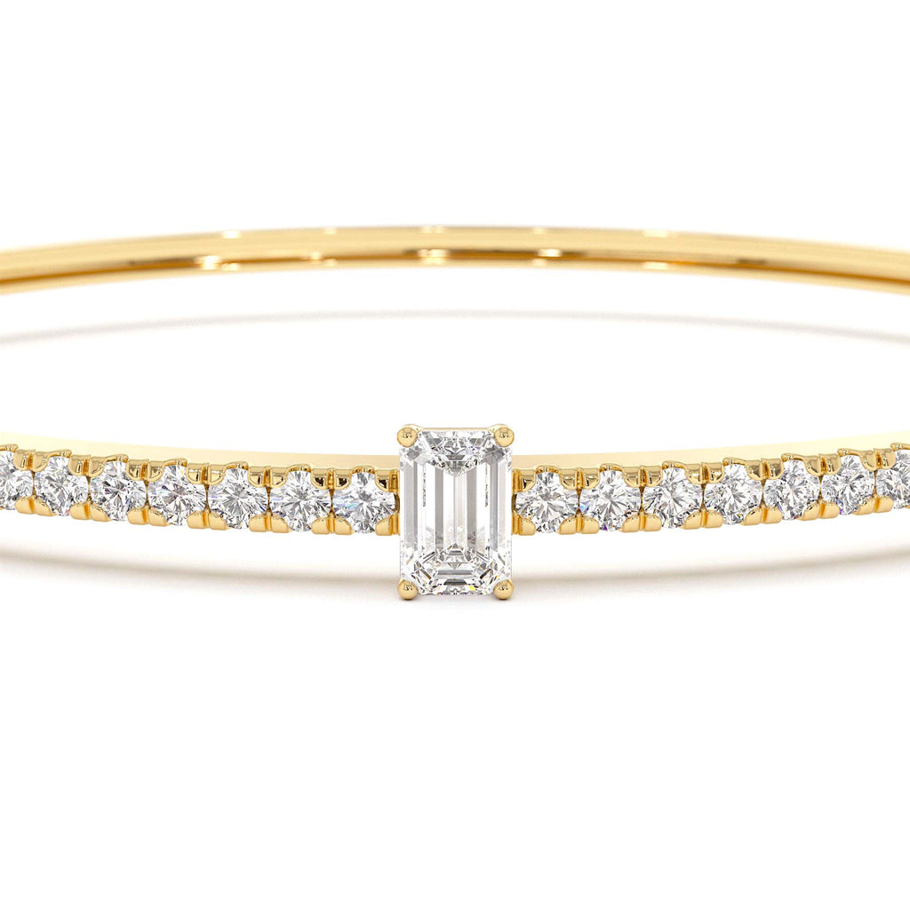 14k Gold Emerald Cut and Round Diamond Bangle - view 4