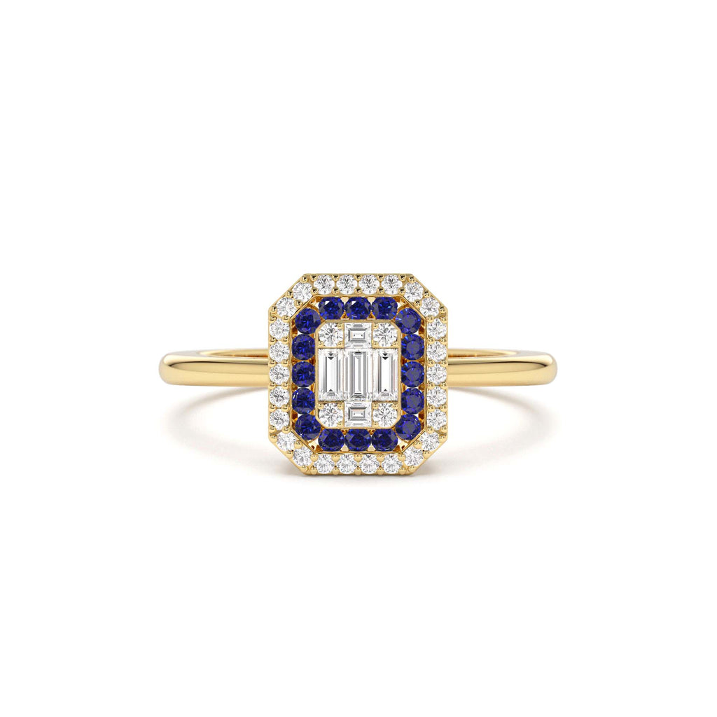 14k Baguette and Round Sapphire Ring with Halo Setting by Orlina Fine