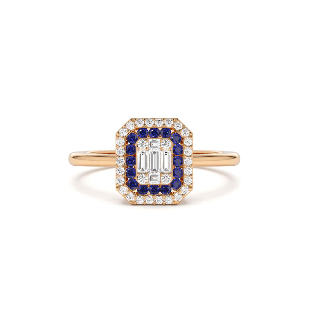 14k Baguette and Round Sapphire Ring with Halo Setting - view 2