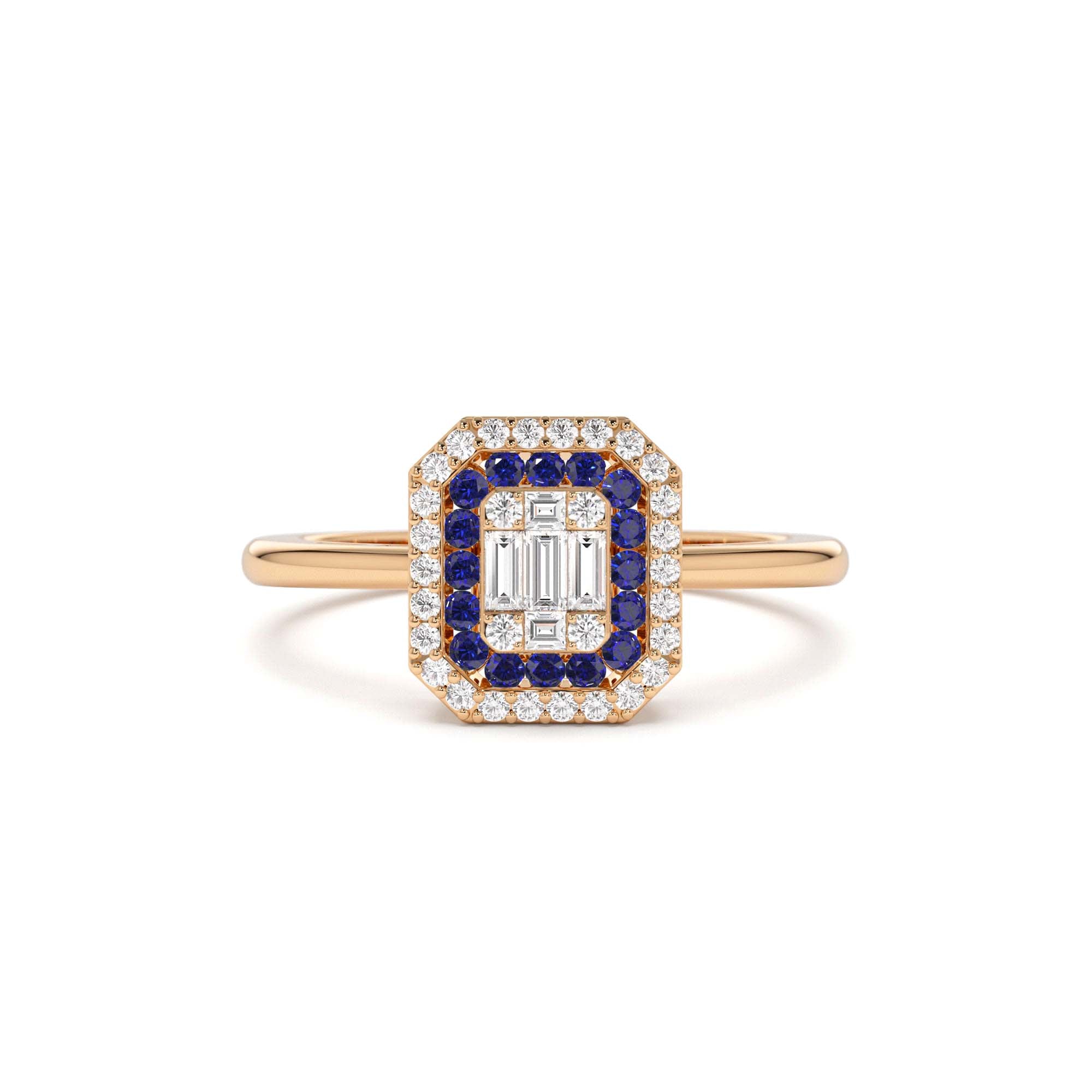 14k Baguette and Round Sapphire Ring with Halo Setting - view 2
