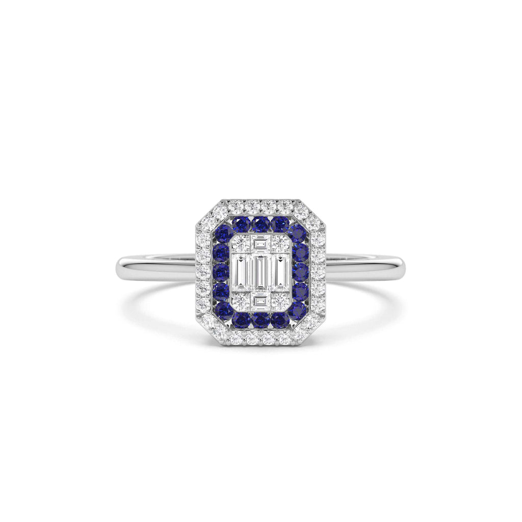 14k Baguette and Round Sapphire Ring with Halo Setting - view 3
