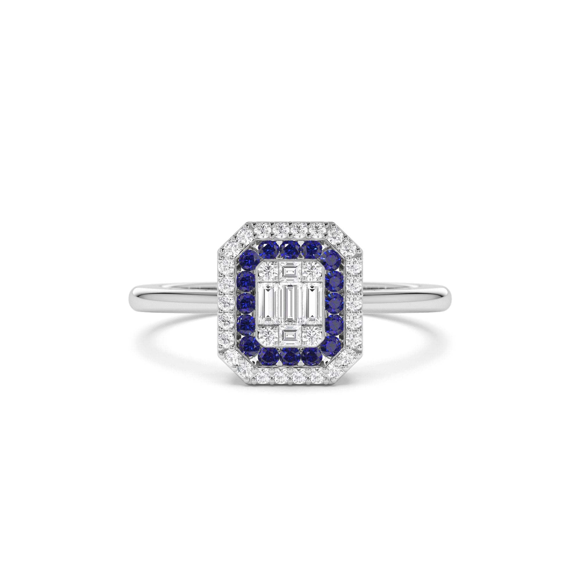 14k Baguette and Round Sapphire Ring with Halo Setting - view 3