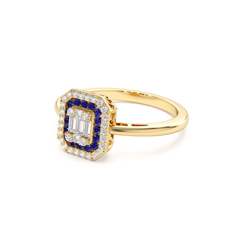 14k Baguette and Round Sapphire Ring with Halo Setting - view 4