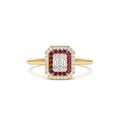 14k Baguette and Round Ruby Ring with Halo Setting by Orlina Fine