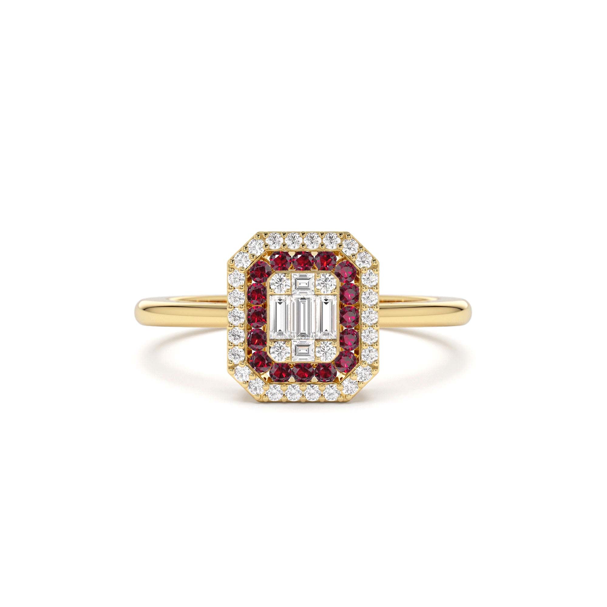 14k Baguette and Round Ruby Ring with Halo Setting by Orlina Fine