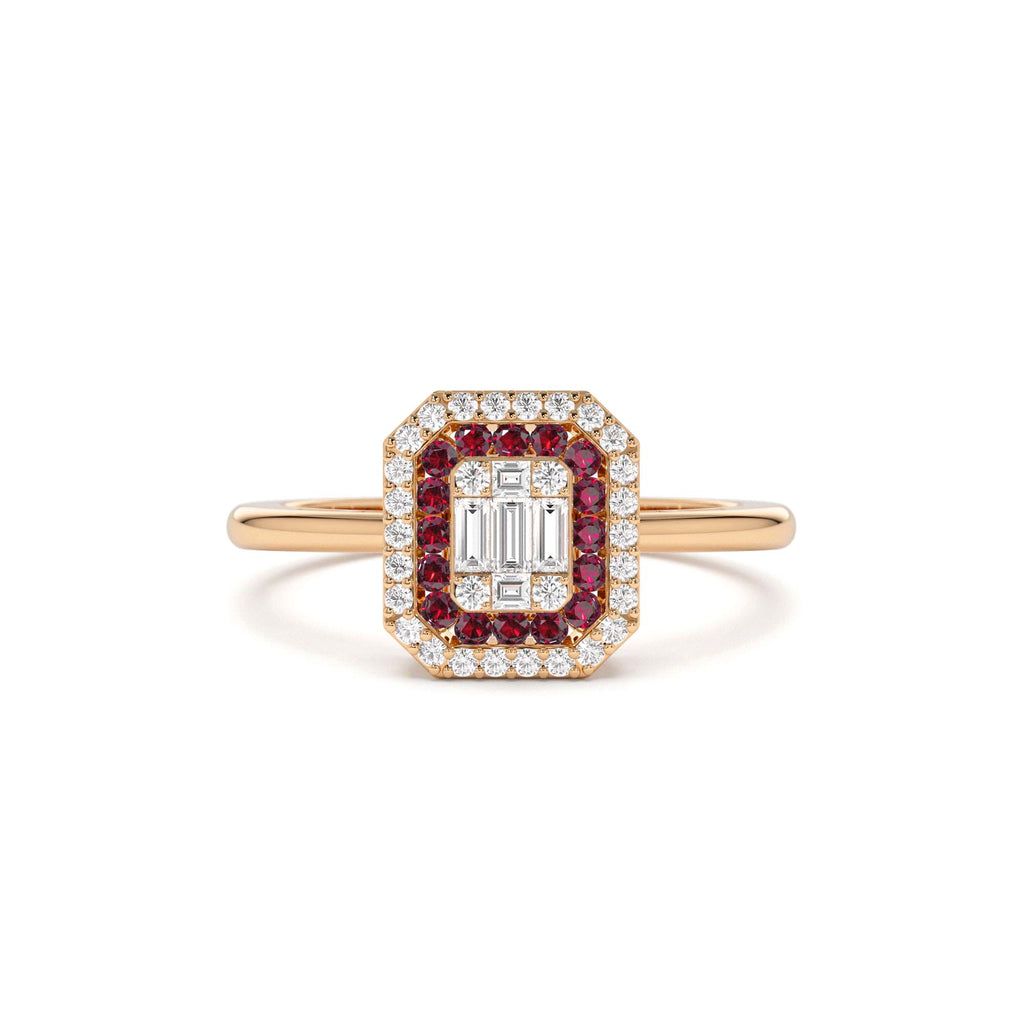 14k Baguette and Round Ruby Ring with Halo Setting - view 2