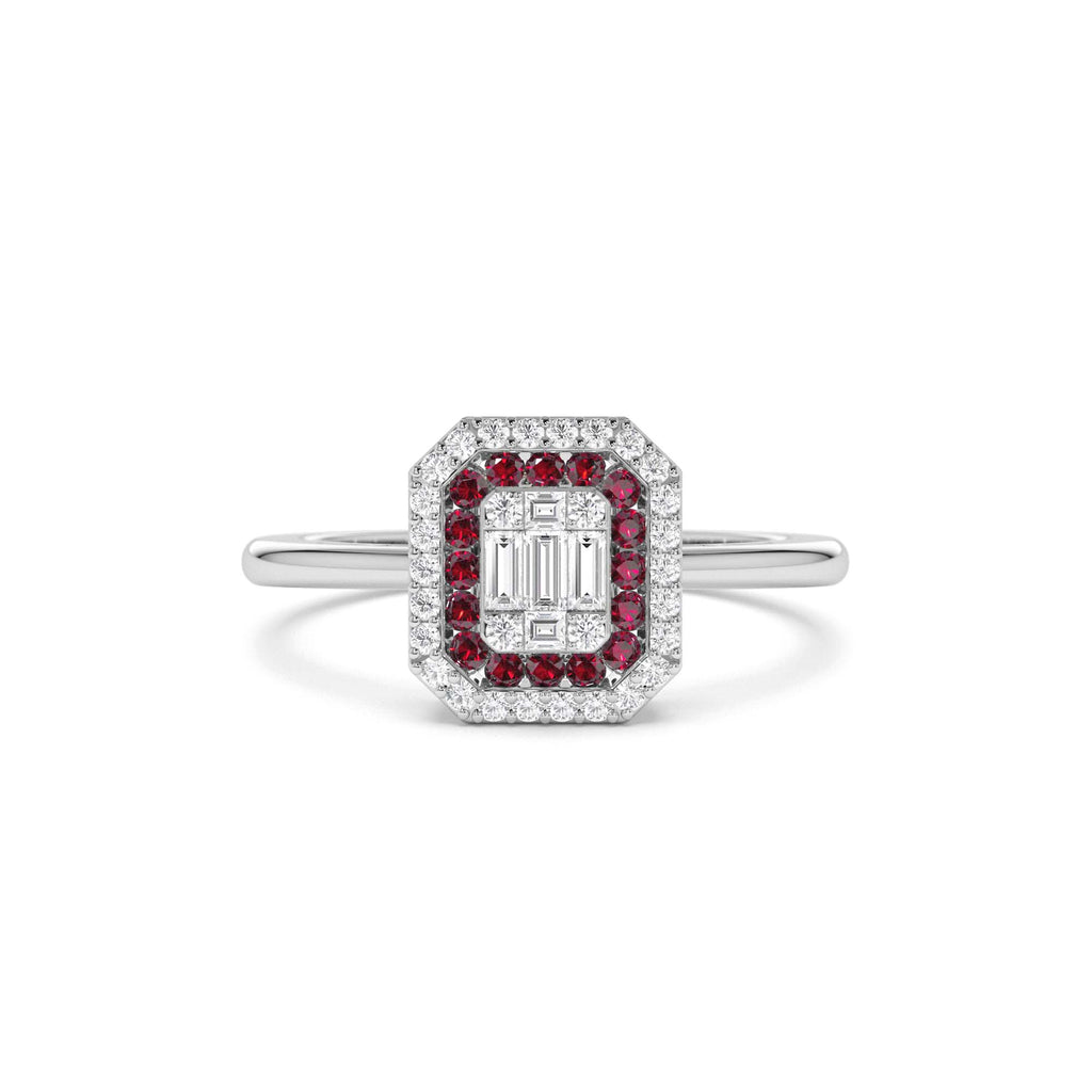 14k Baguette and Round Ruby Ring with Halo Setting - view 3