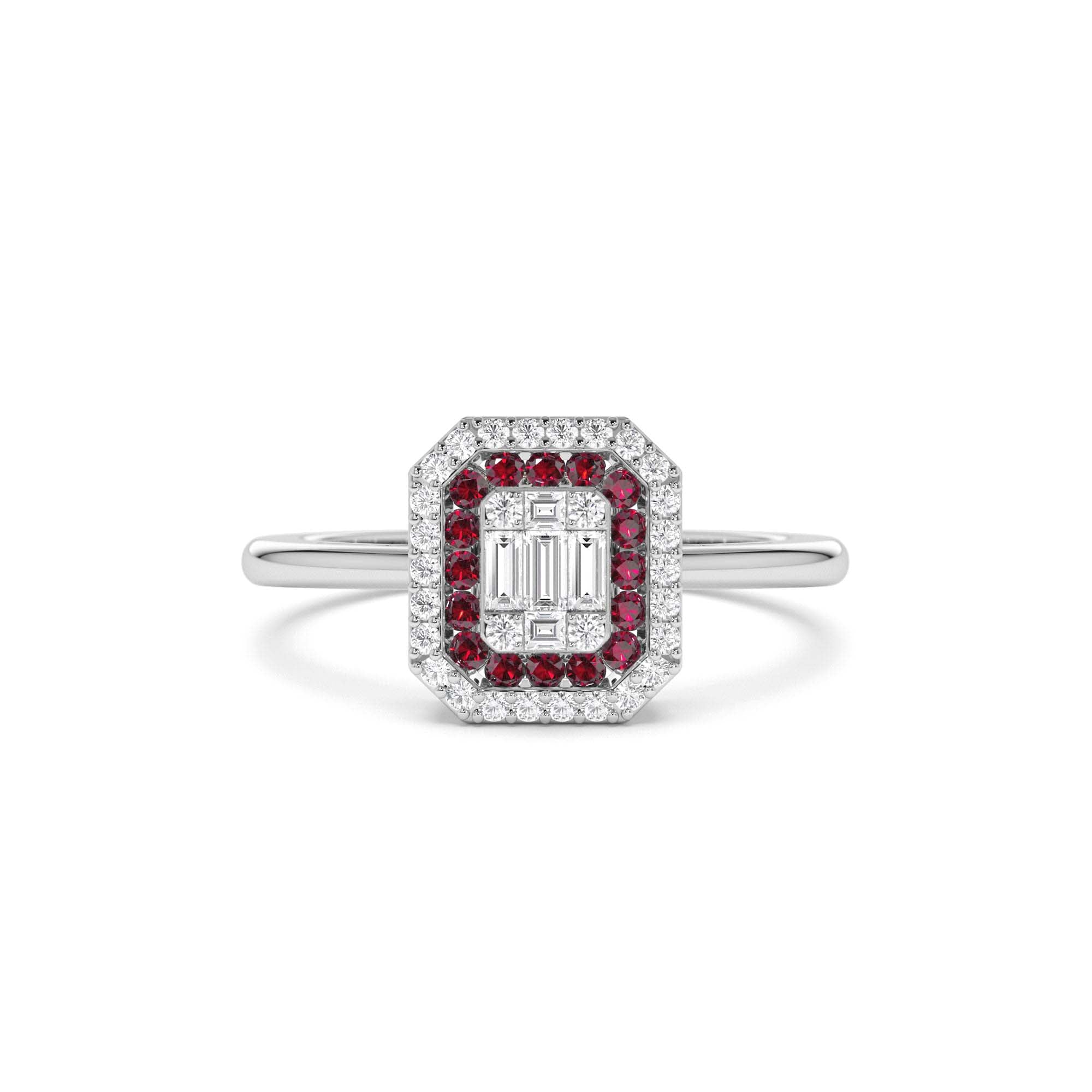 14k Baguette and Round Ruby Ring with Halo Setting - view 3