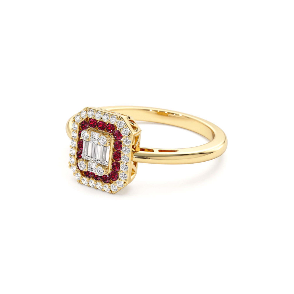 14k Baguette and Round Ruby Ring with Halo Setting - view 4