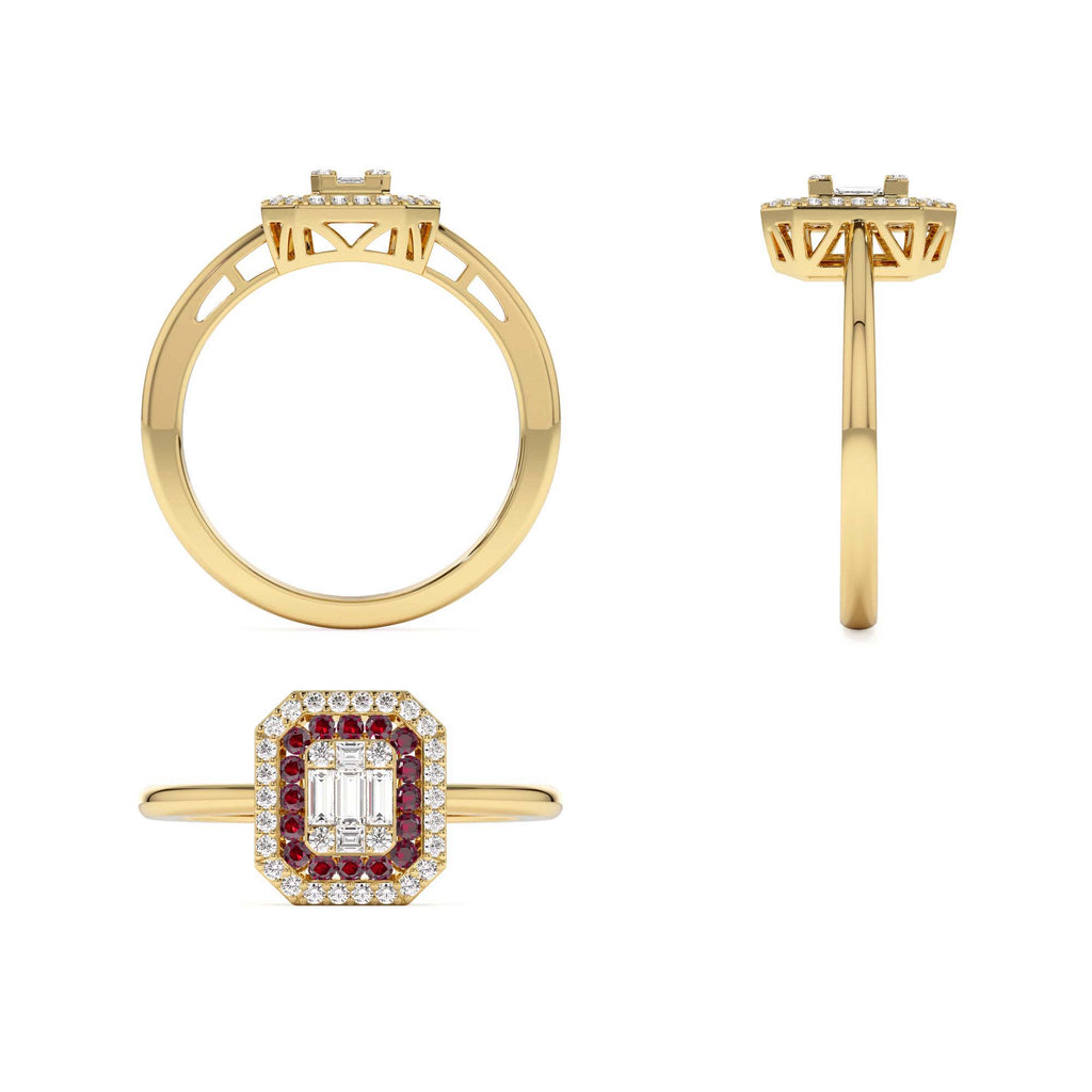 14k Baguette and Round Ruby Ring with Halo Setting - view 5