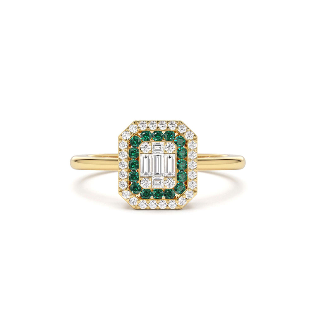 14k Baguette and Round Emerald Ring with Halo Setting by Orlina Fine
