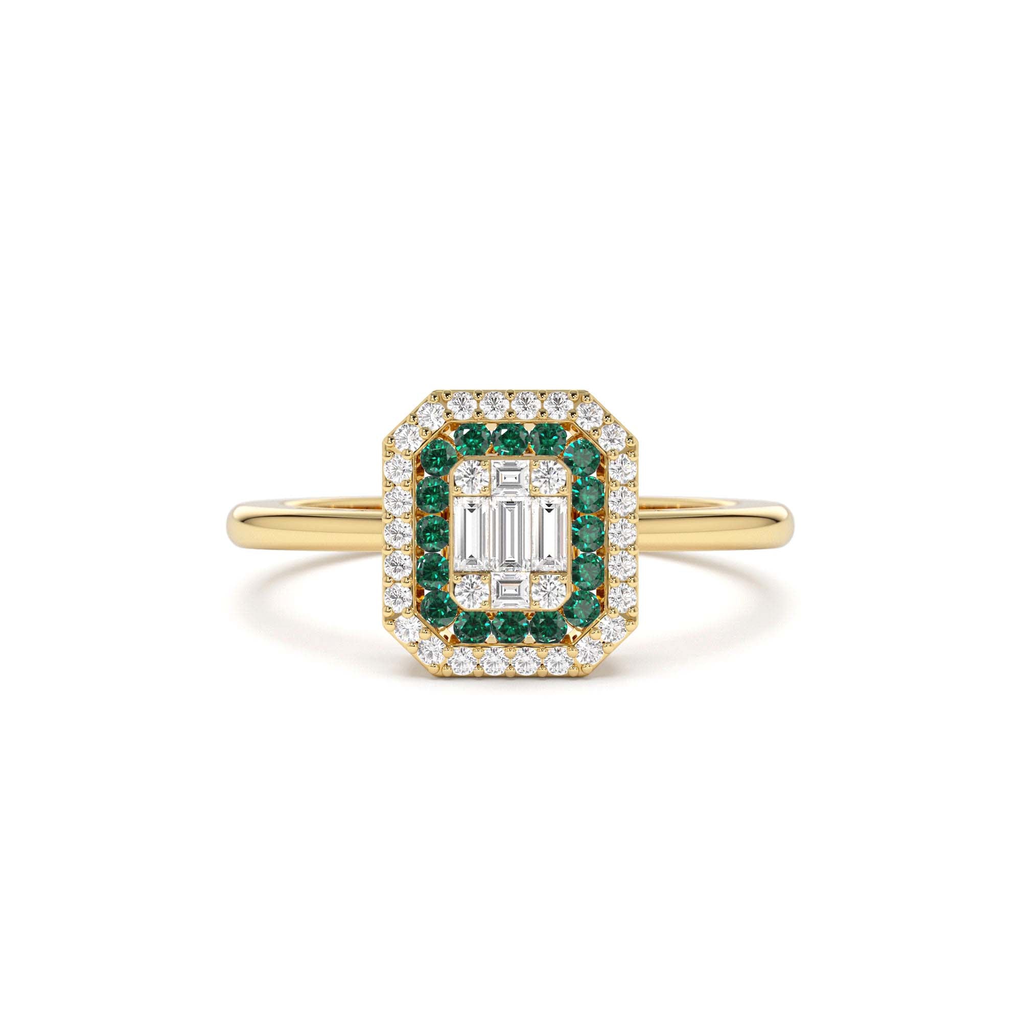 14k Baguette and Round Emerald Ring with Halo Setting by Orlina Fine