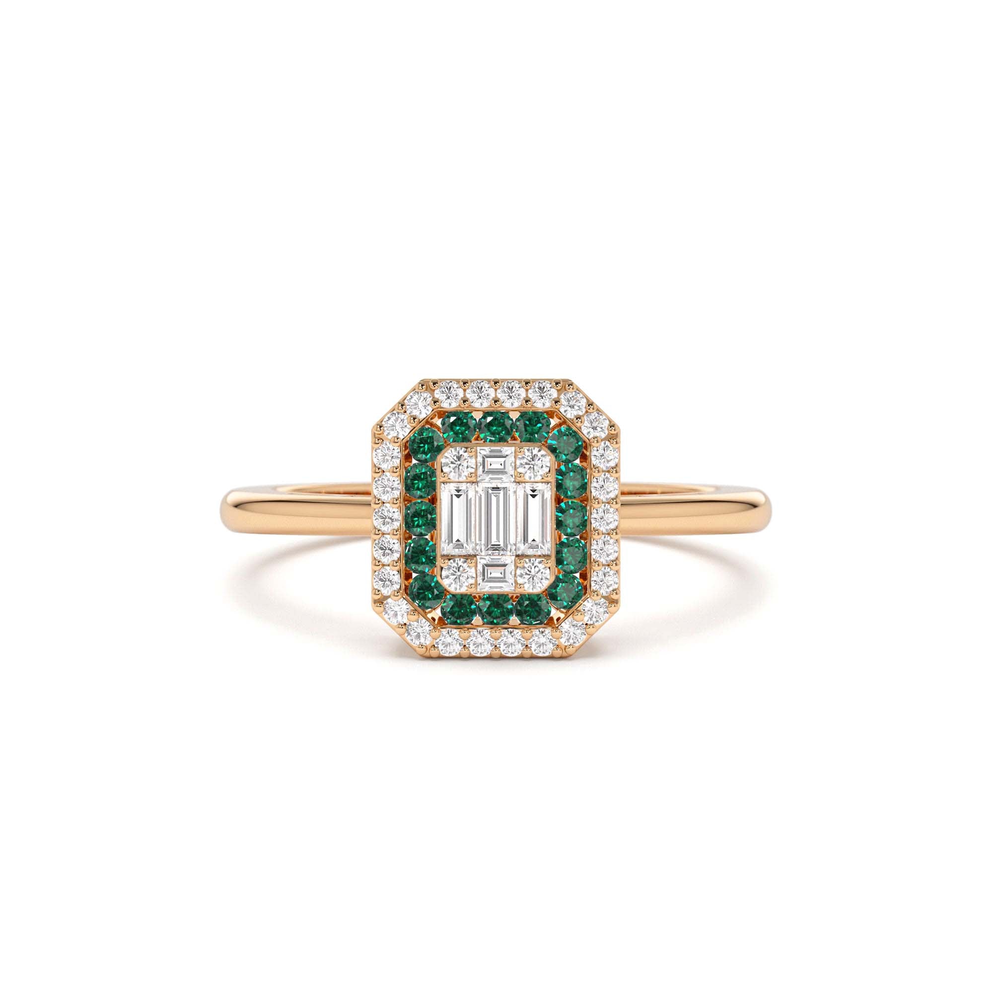 14k Baguette and Round Emerald Ring with Halo Setting - view 2