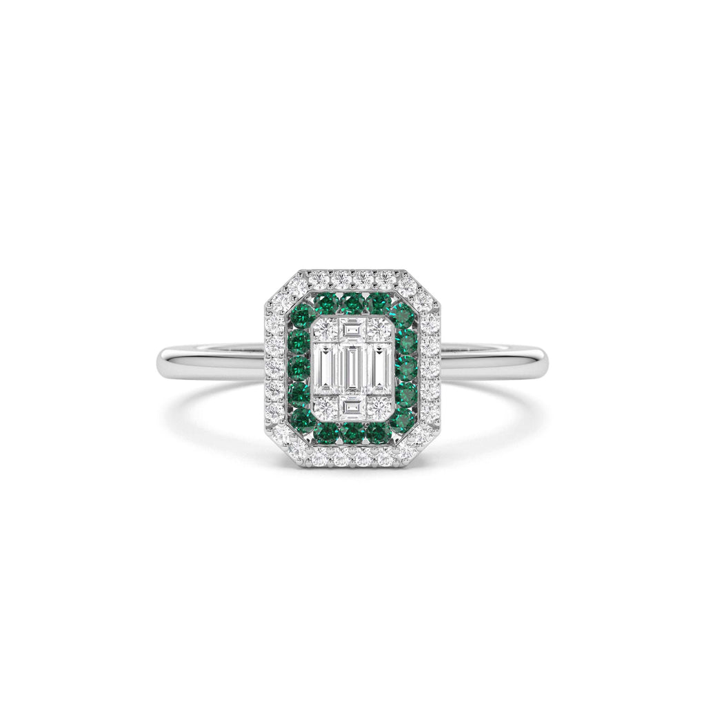 14k Baguette and Round Emerald Ring with Halo Setting - view 3