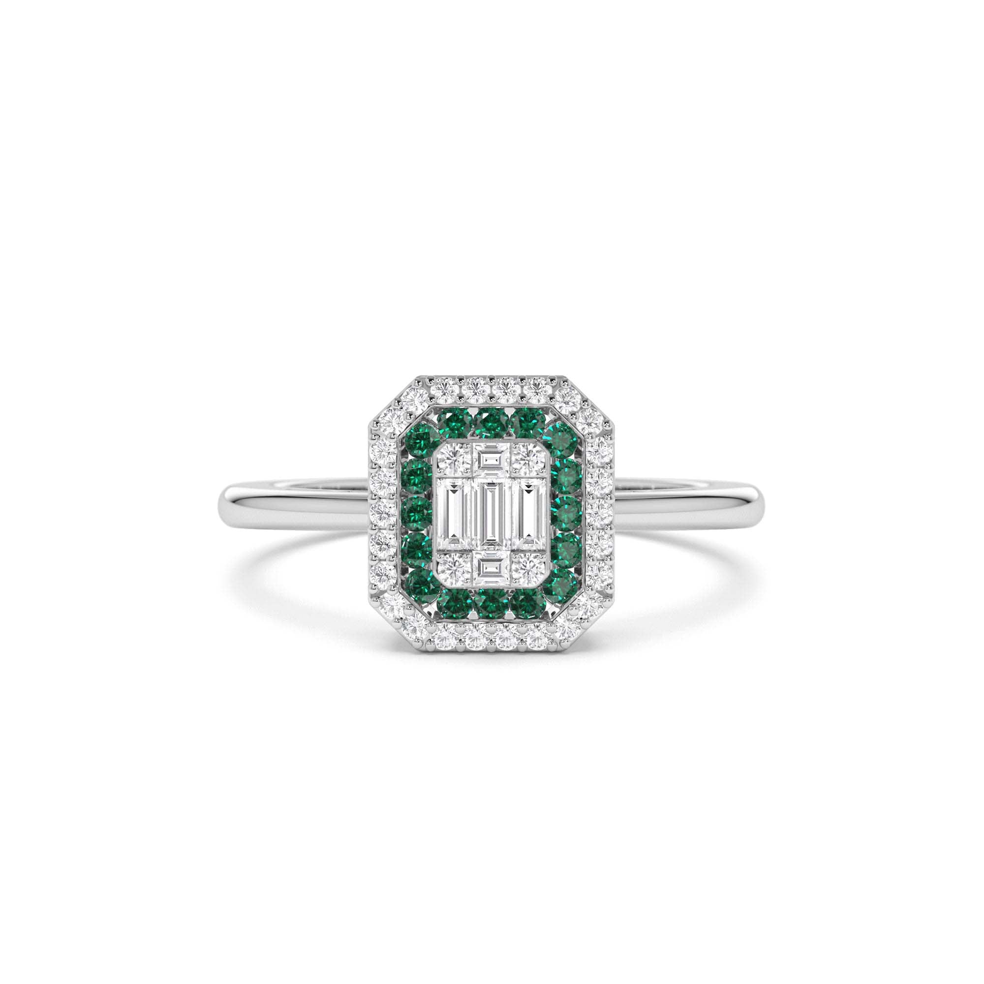 14k Baguette and Round Emerald Ring with Halo Setting - view 3