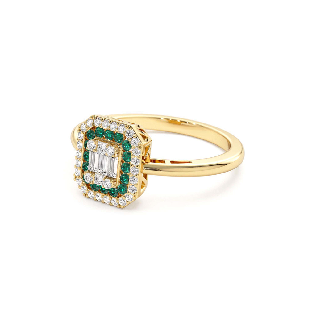 14k Baguette and Round Emerald Ring with Halo Setting - view 4