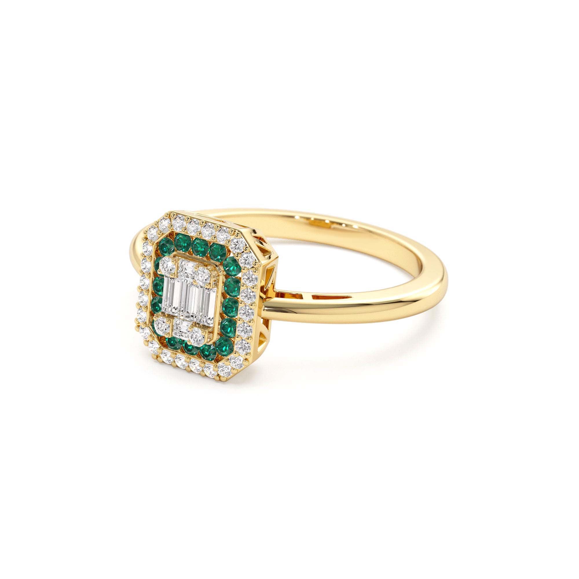 14k Baguette and Round Emerald Ring with Halo Setting - view 4