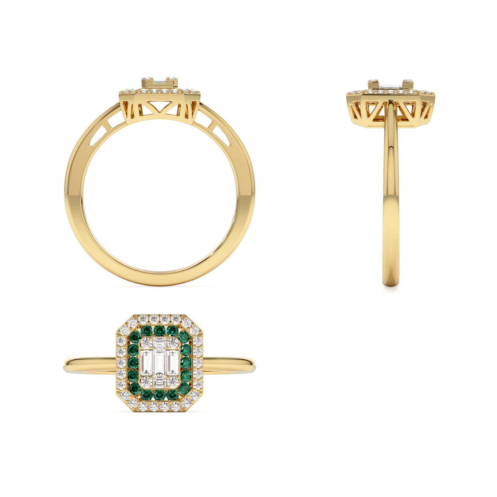 14k Baguette and Round Emerald Ring with Halo Setting - view 5