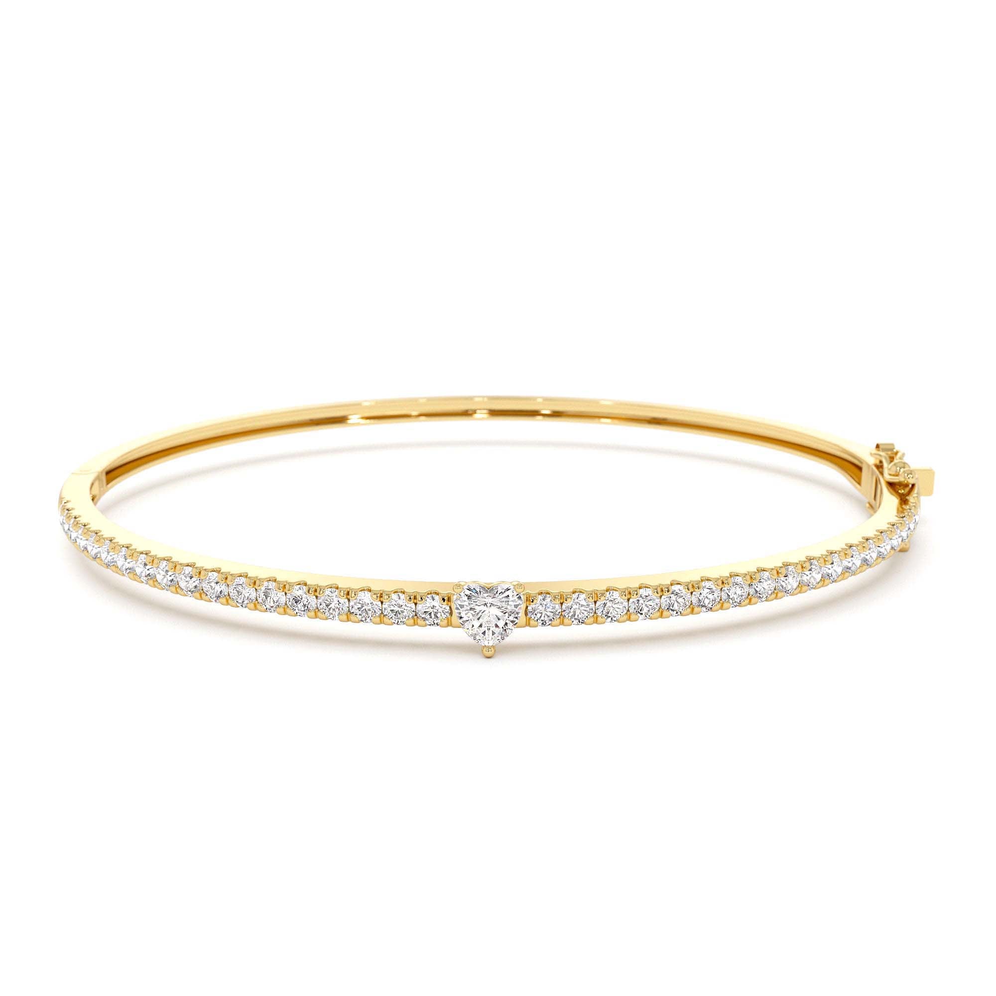 14k Gold Heart Shaped and Round Diamond Bangle by Orlina Fine