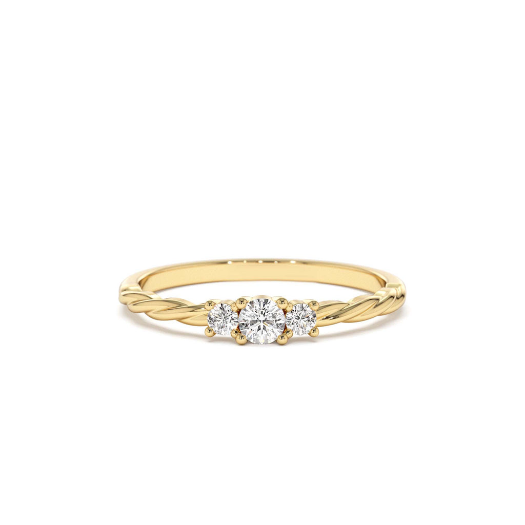 14k Gold Three Stone Dainty Diamond Twisted Ring by Orlina Fine