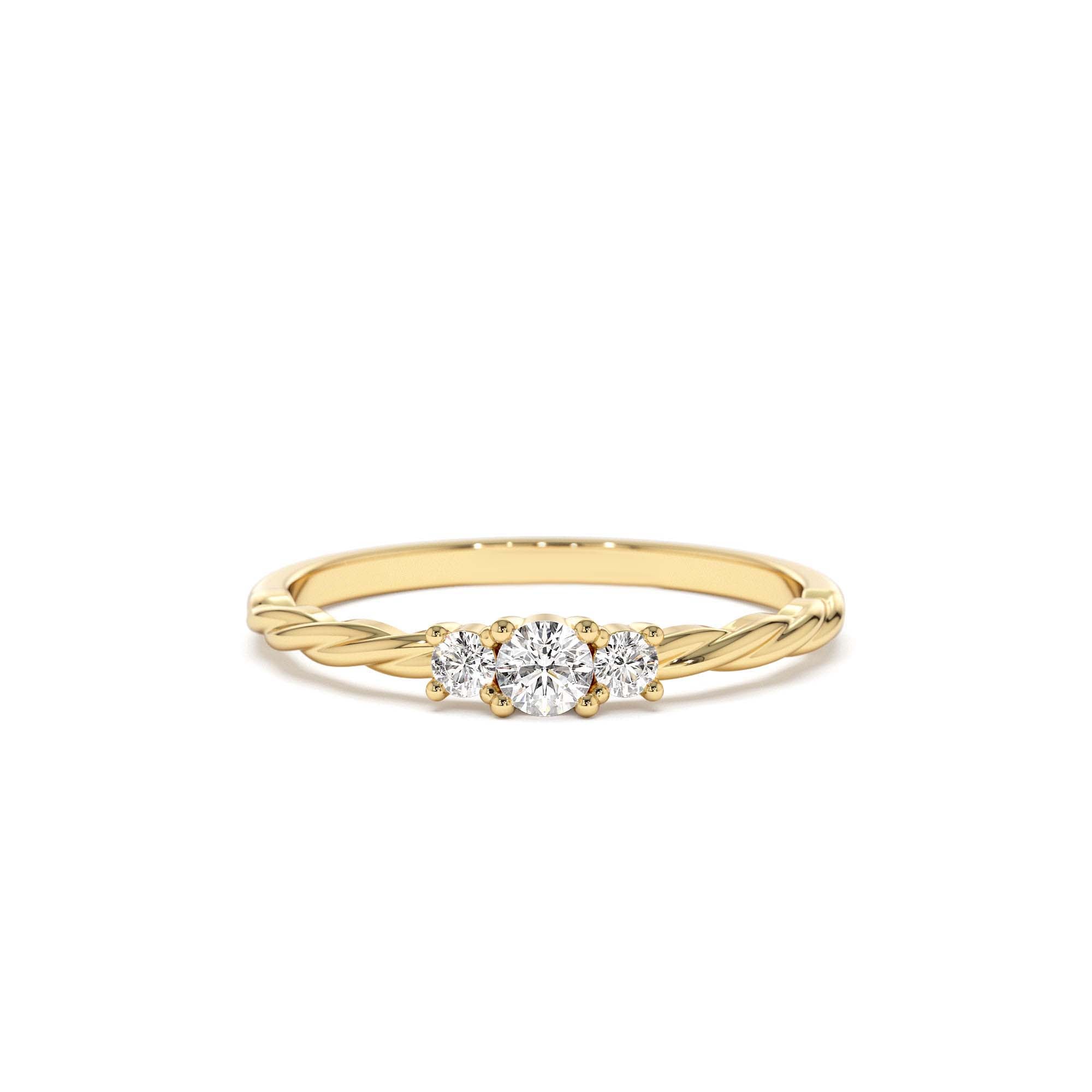 14k Gold Three Stone Dainty Diamond Twisted Ring by Orlina Fine