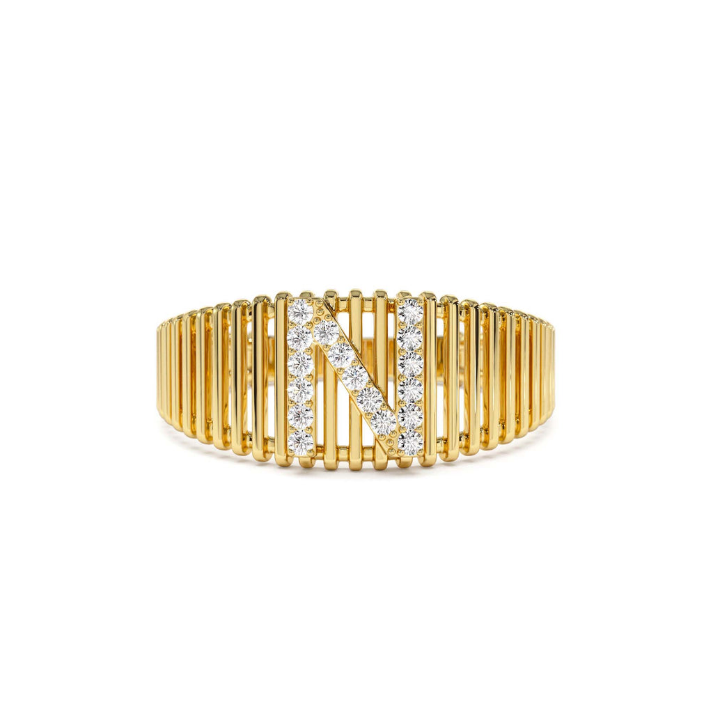 14k Ribed Cage Diamond Initial Ring by Orlina Fine