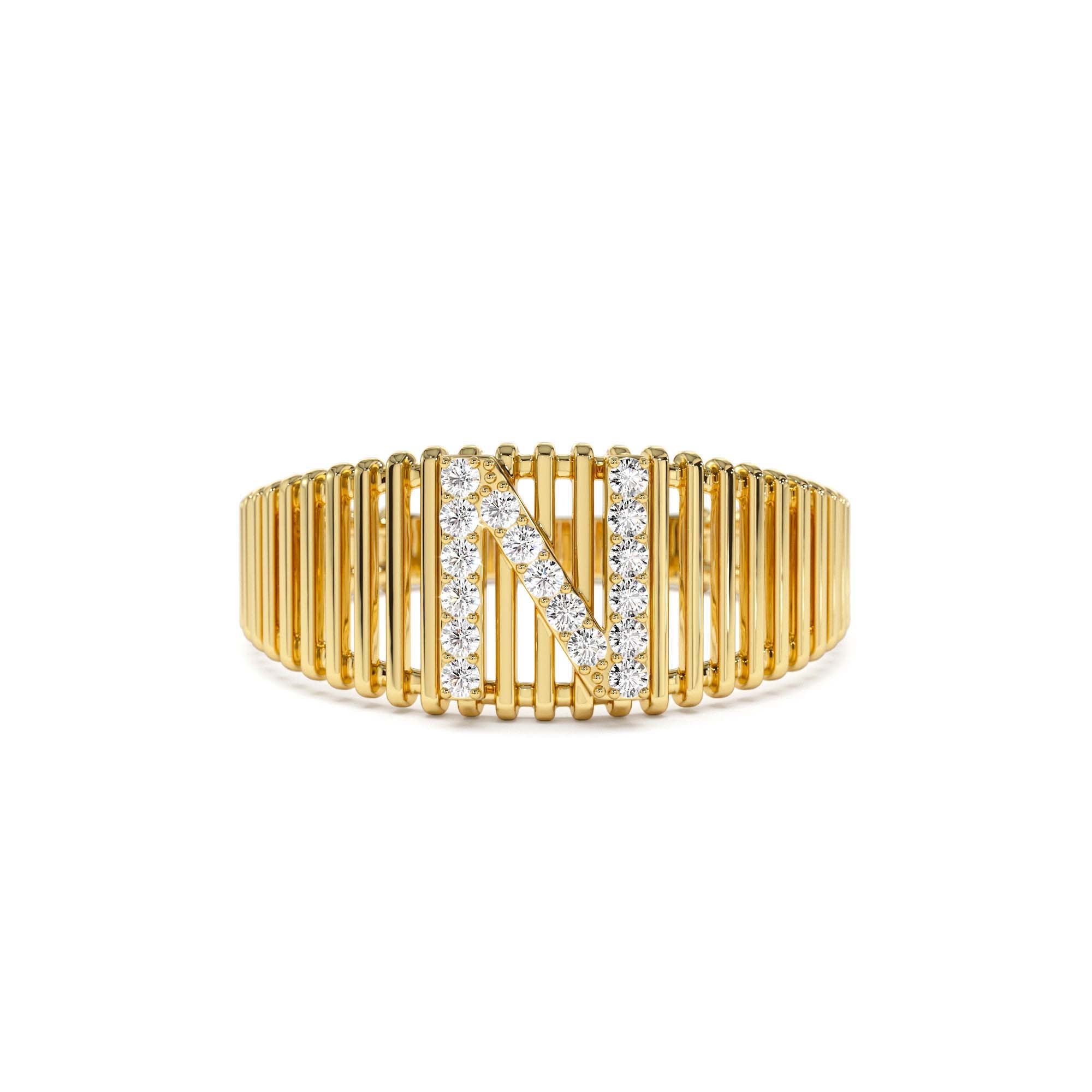 14k Ribed Cage Diamond Initial Ring by Orlina Fine
