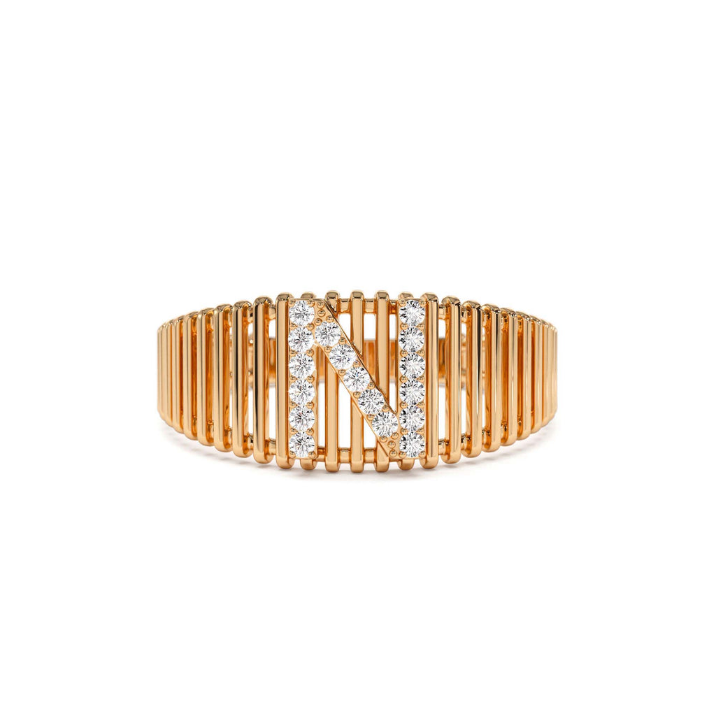 14k Ribed Cage Diamond Initial Ring - view 2