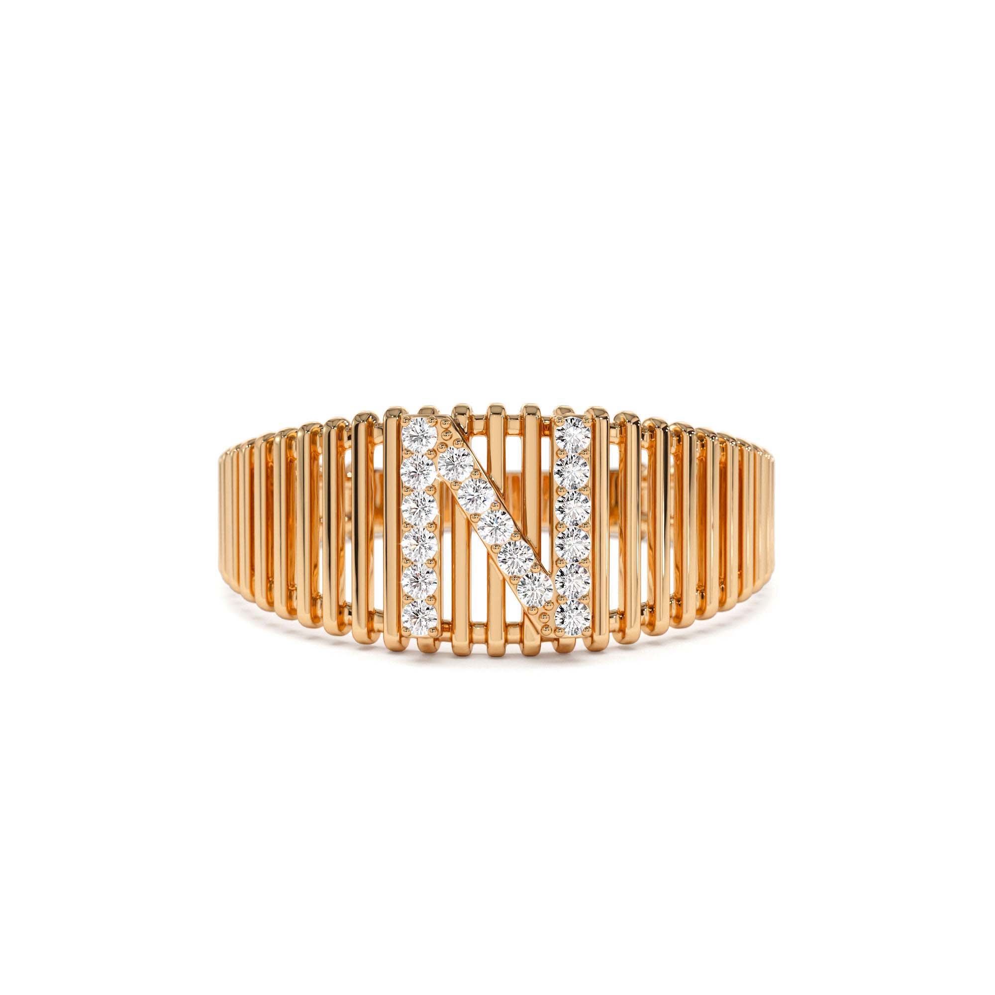 14k Ribed Cage Diamond Initial Ring - view 2