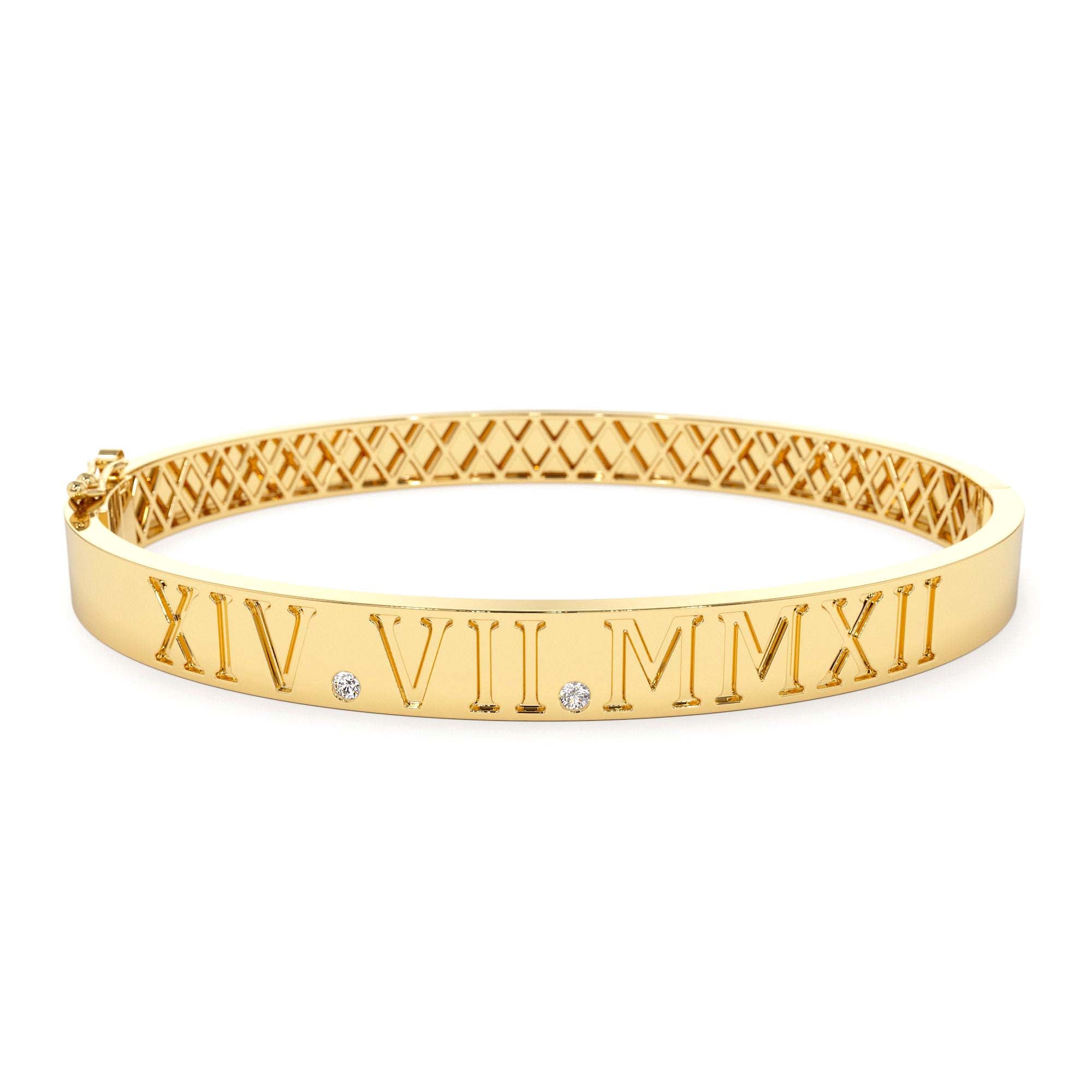 14K Personalized Roman Numeral Bangle Bracelet by Orlina Fine