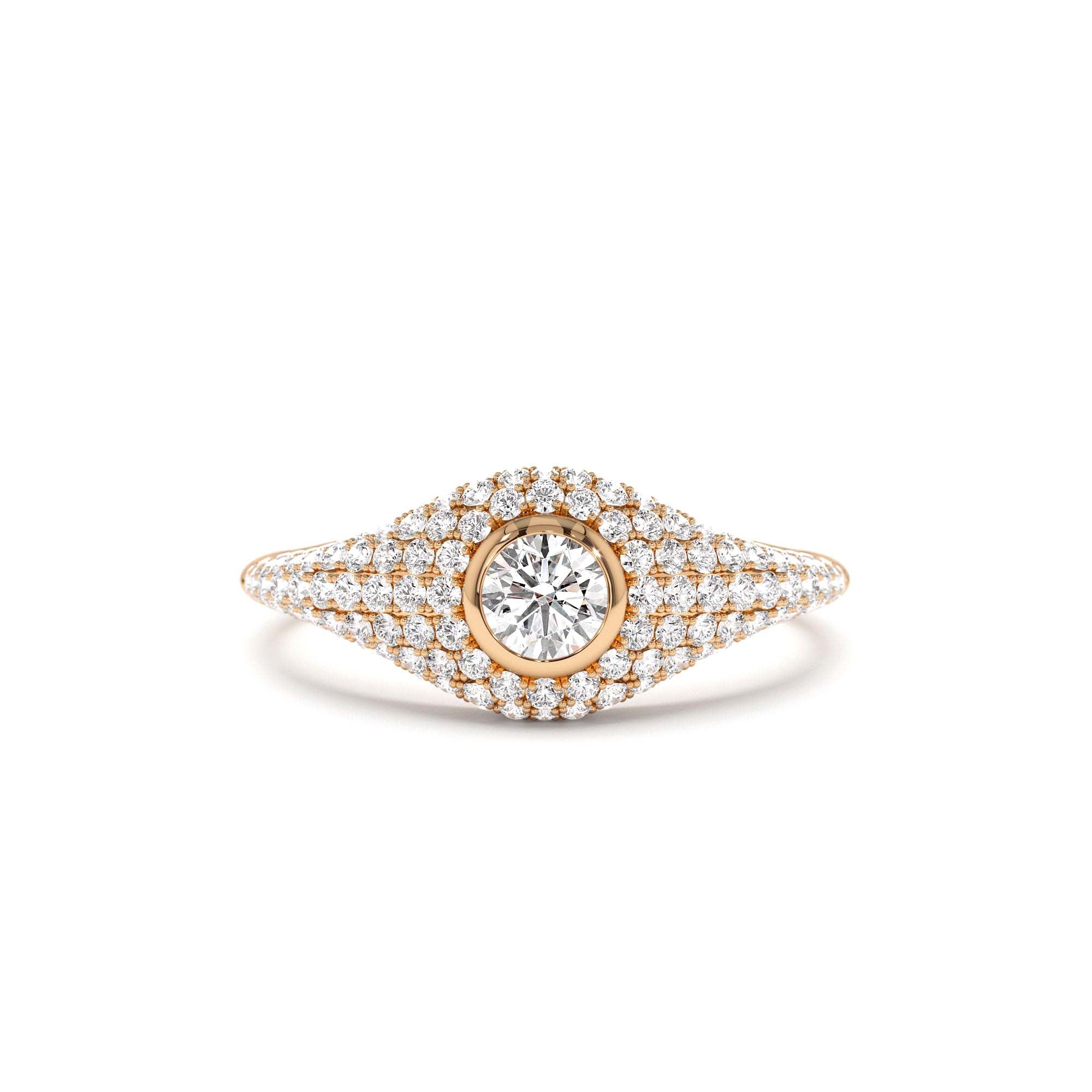 14K Pave Setting Round Diamond Signet Ring - view 2