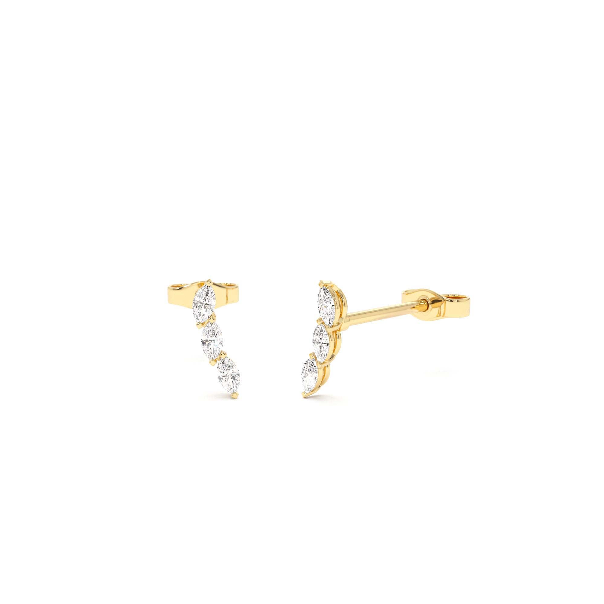 14k Three Stone Marquise Shaped Diamond Studs by Orlina Fine