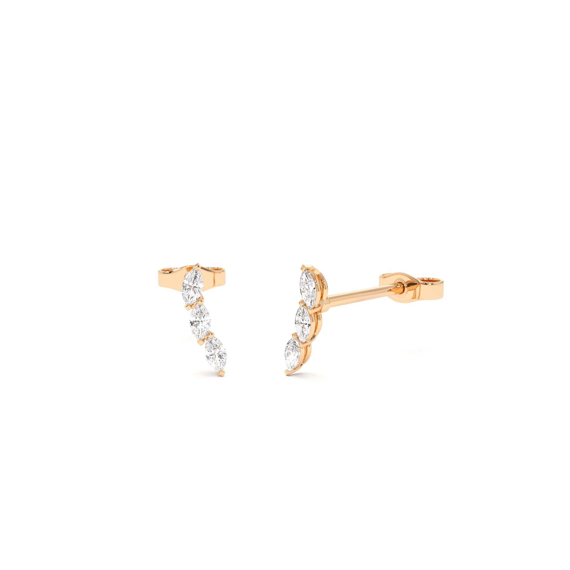14k Three Stone Marquise Shaped Diamond Studs - view 2