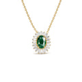 14k Oval Shape Emerald with Baguette Halo Setting Necklace by Orlina Fine