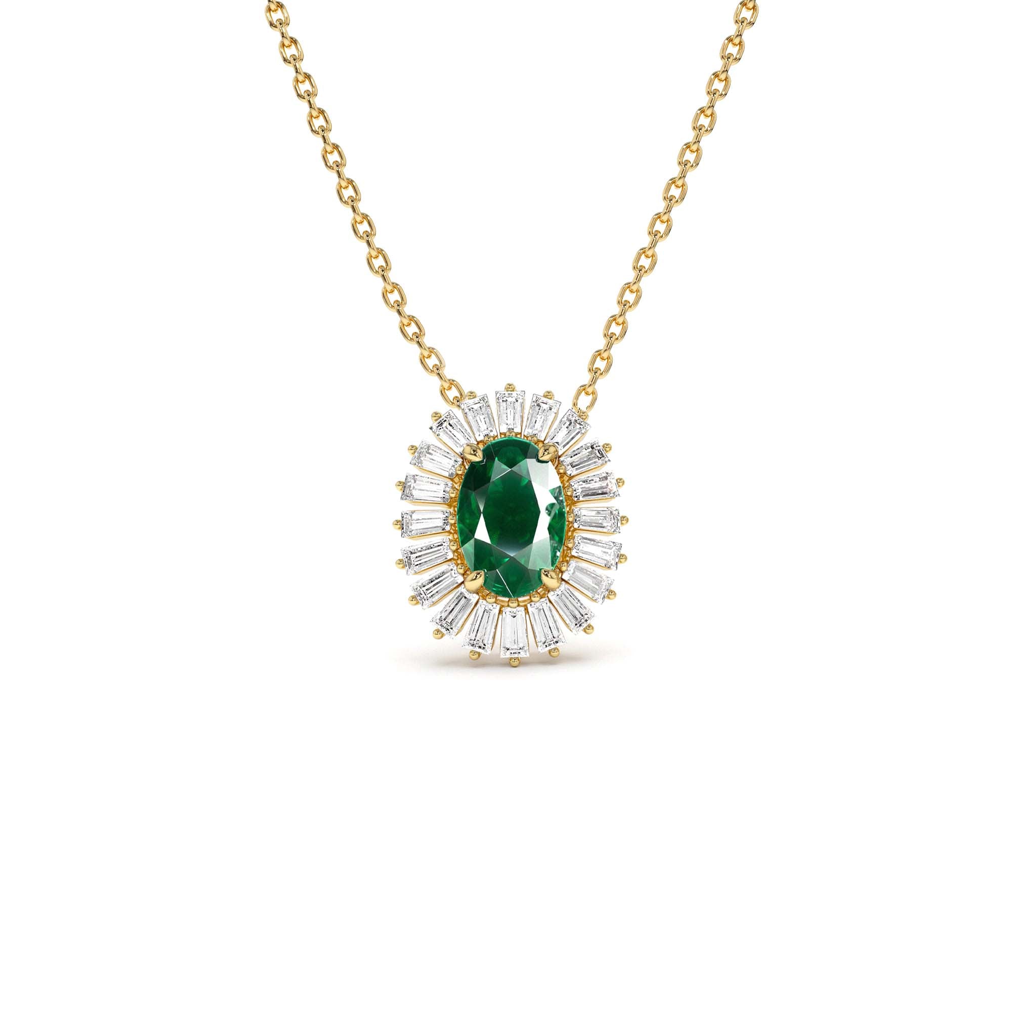 14k Oval Shape Emerald with Baguette Halo Setting Necklace by Orlina Fine