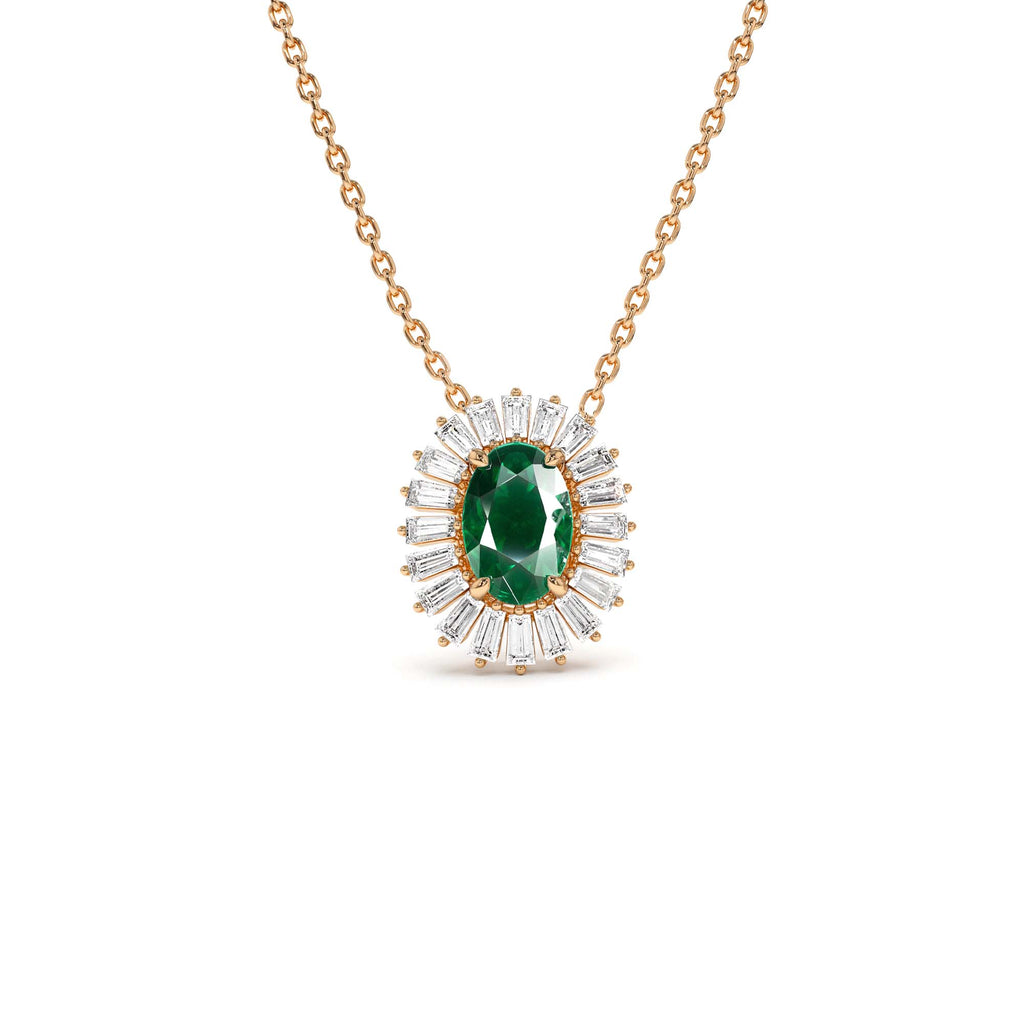 14k Oval Shape Emerald with Baguette Halo Setting Necklace - view 2