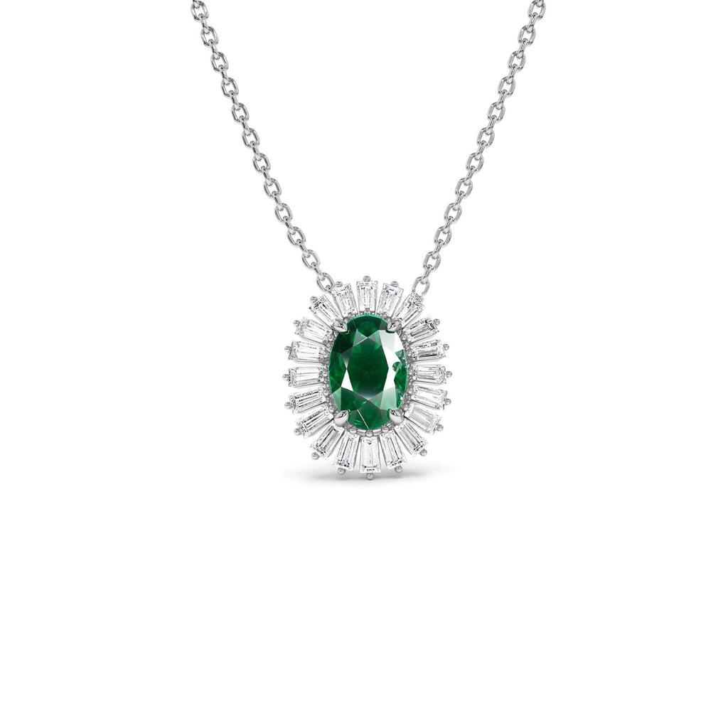 14k Oval Shape Emerald with Baguette Halo Setting Necklace - view 3