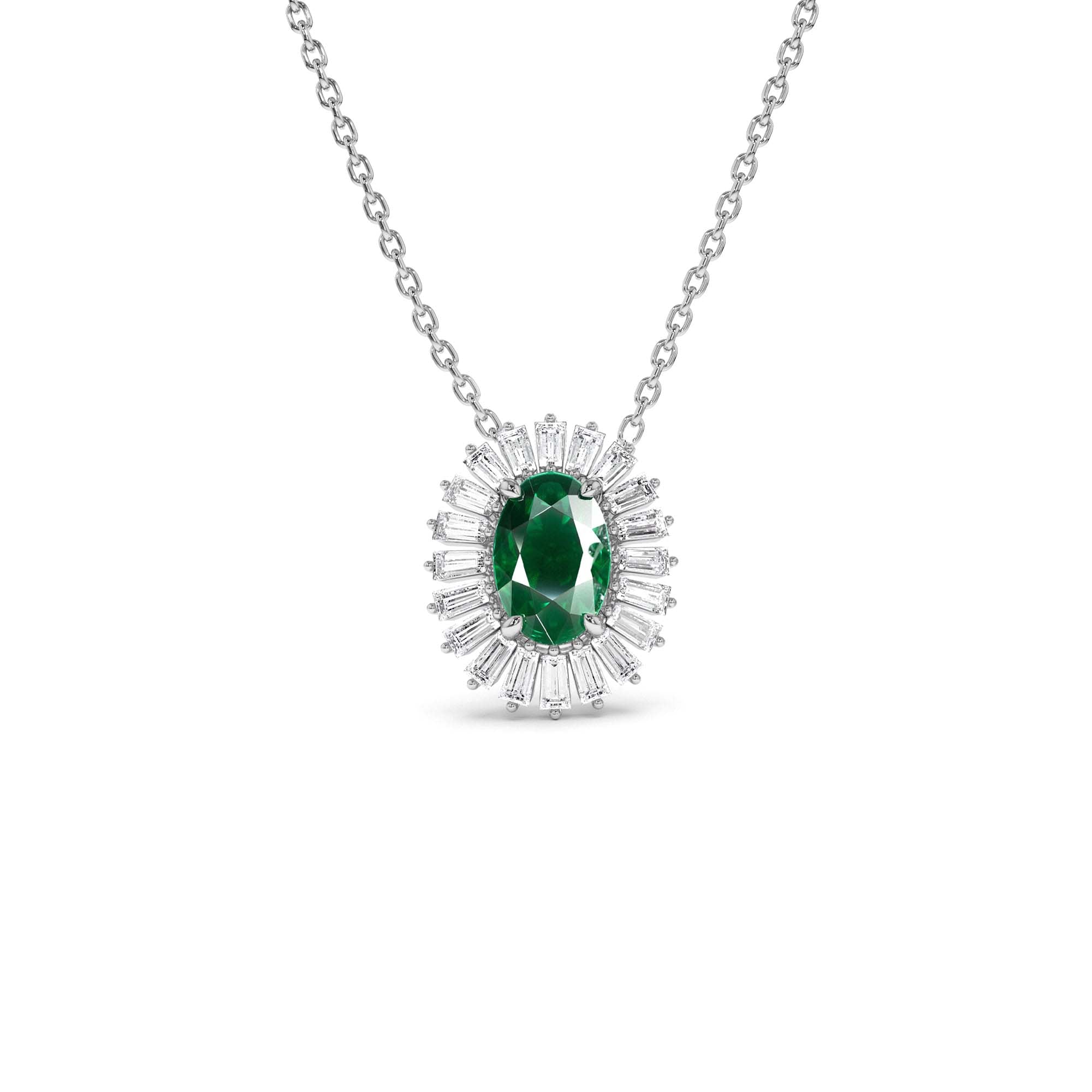 14k Oval Shape Emerald with Baguette Halo Setting Necklace - view 3