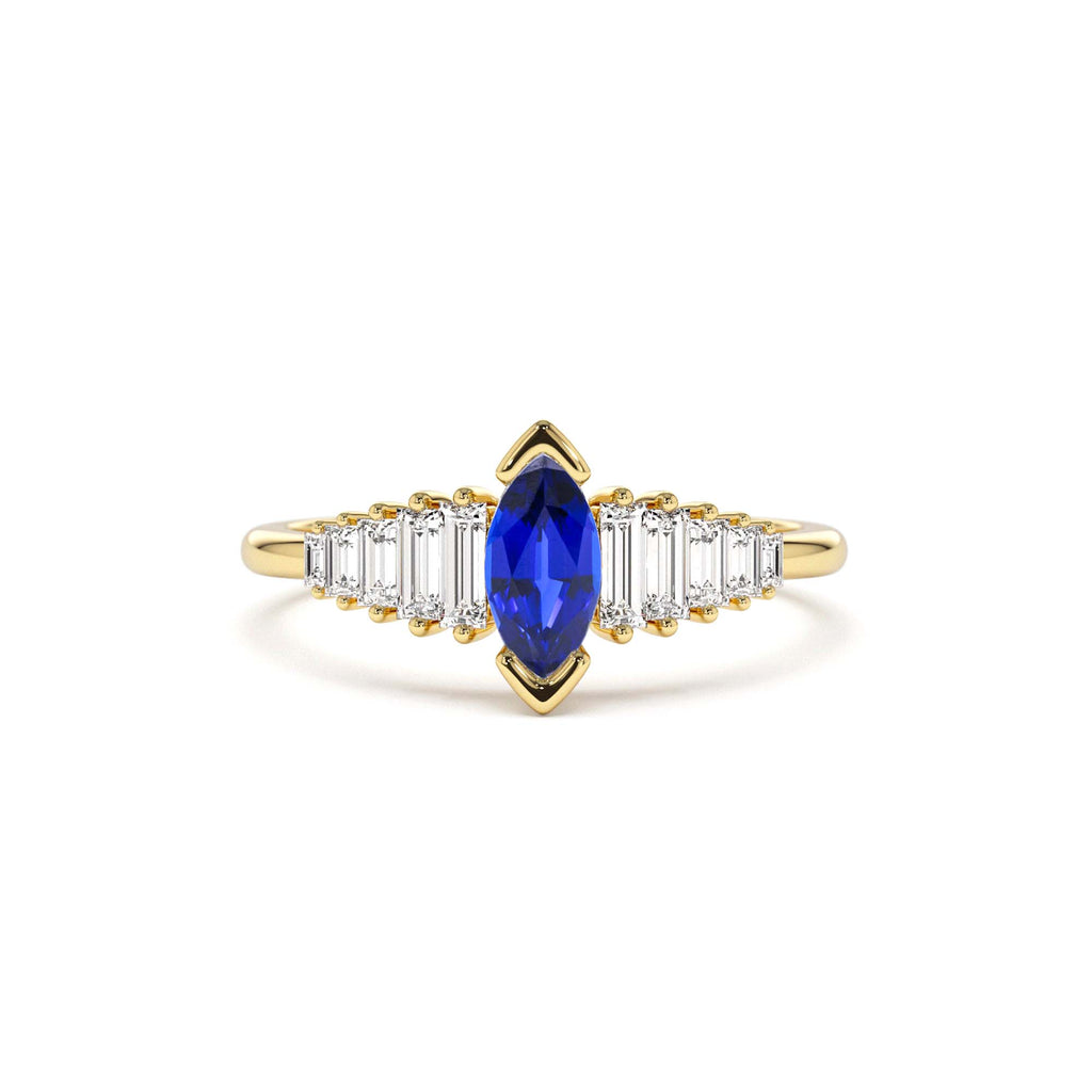 14k Gold Marquise Shape Sapphire Ring with Baguette Accents by Orlina Fine