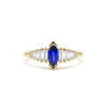 14k Gold Marquise Shape Sapphire Ring with Baguette Accents by Orlina Fine