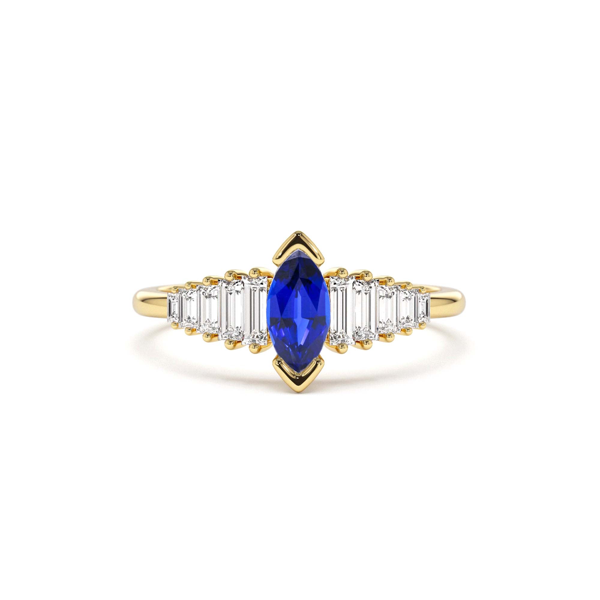 14k Gold Marquise Shape Sapphire Ring with Baguette Accents by Orlina Fine