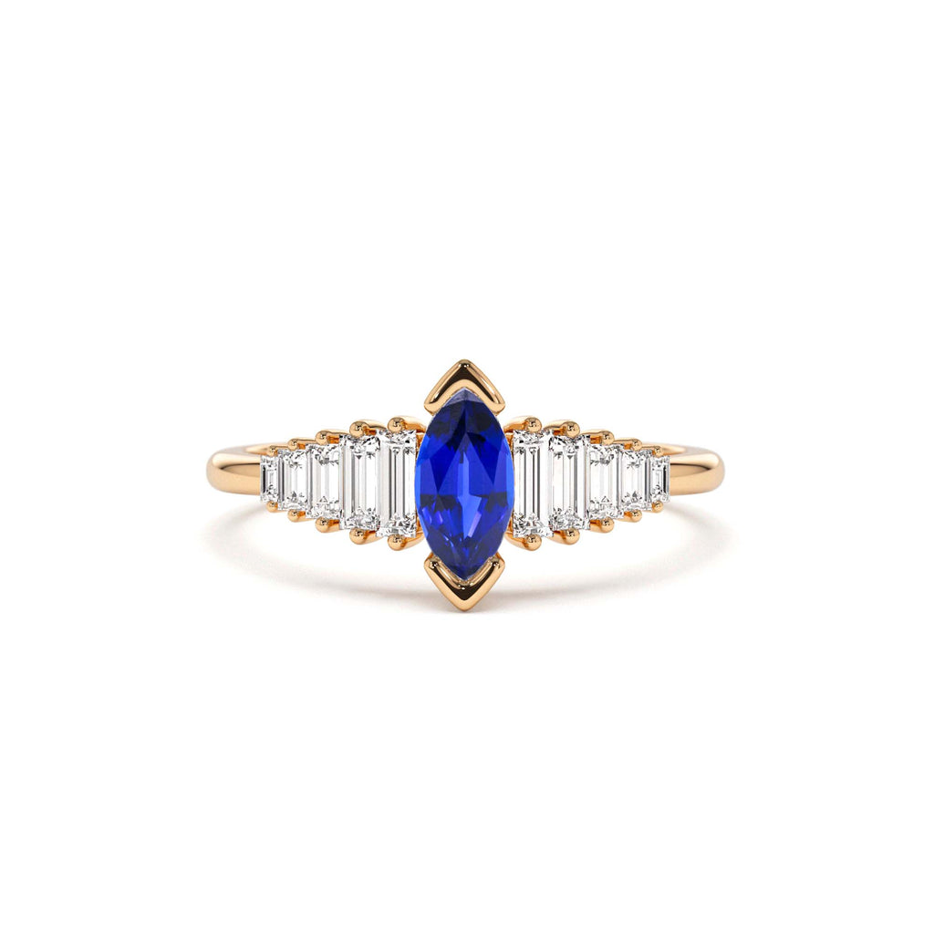 14k Gold Marquise Shape Sapphire Ring with Baguette Accents - view 2
