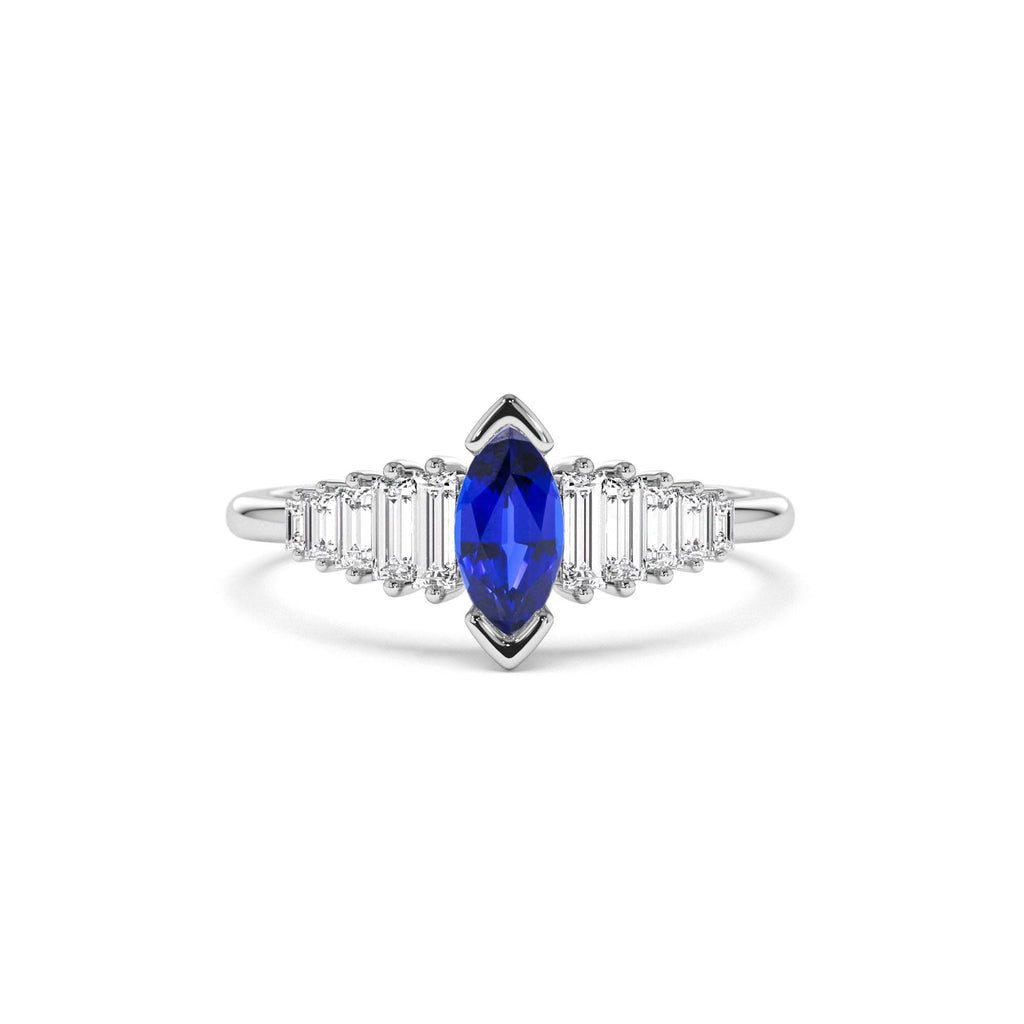 14k Gold Marquise Shape Sapphire Ring with Baguette Accents - view 3