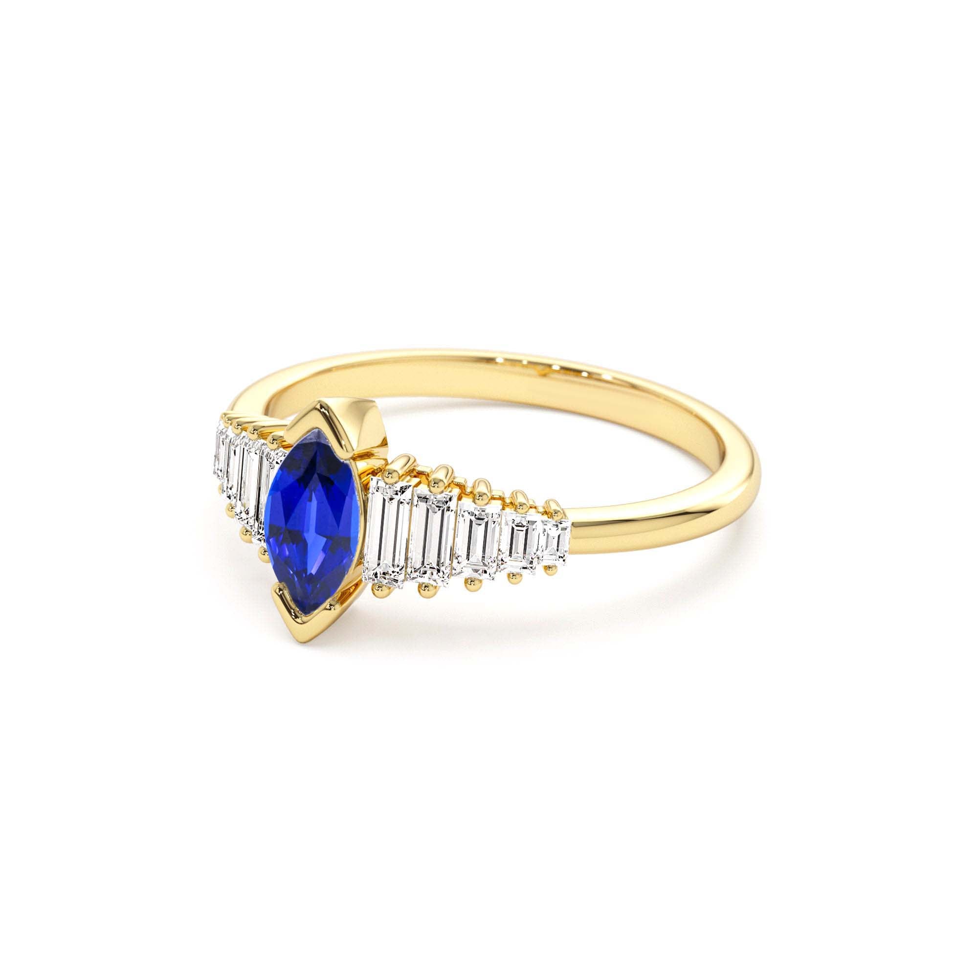 14k Gold Marquise Shape Sapphire Ring with Baguette Accents - view 4