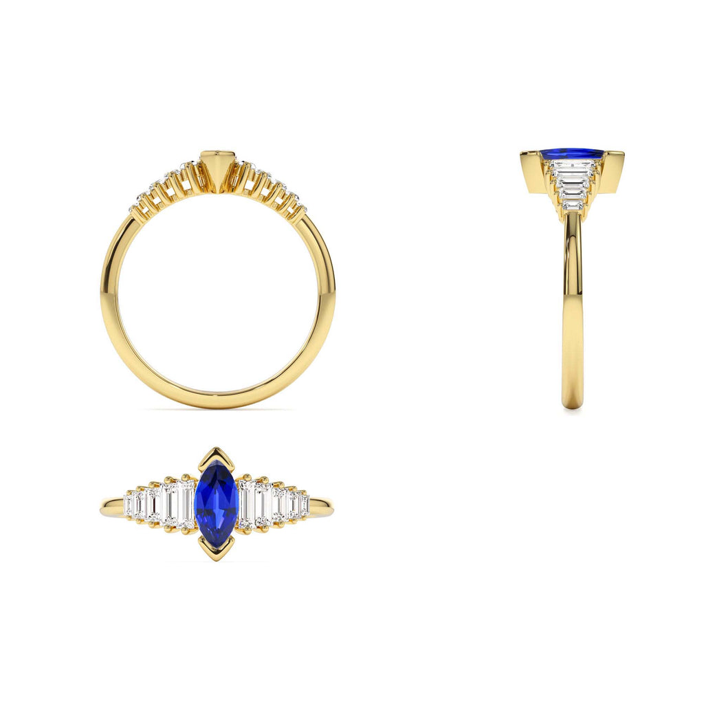 14k Gold Marquise Shape Sapphire Ring with Baguette Accents - view 5