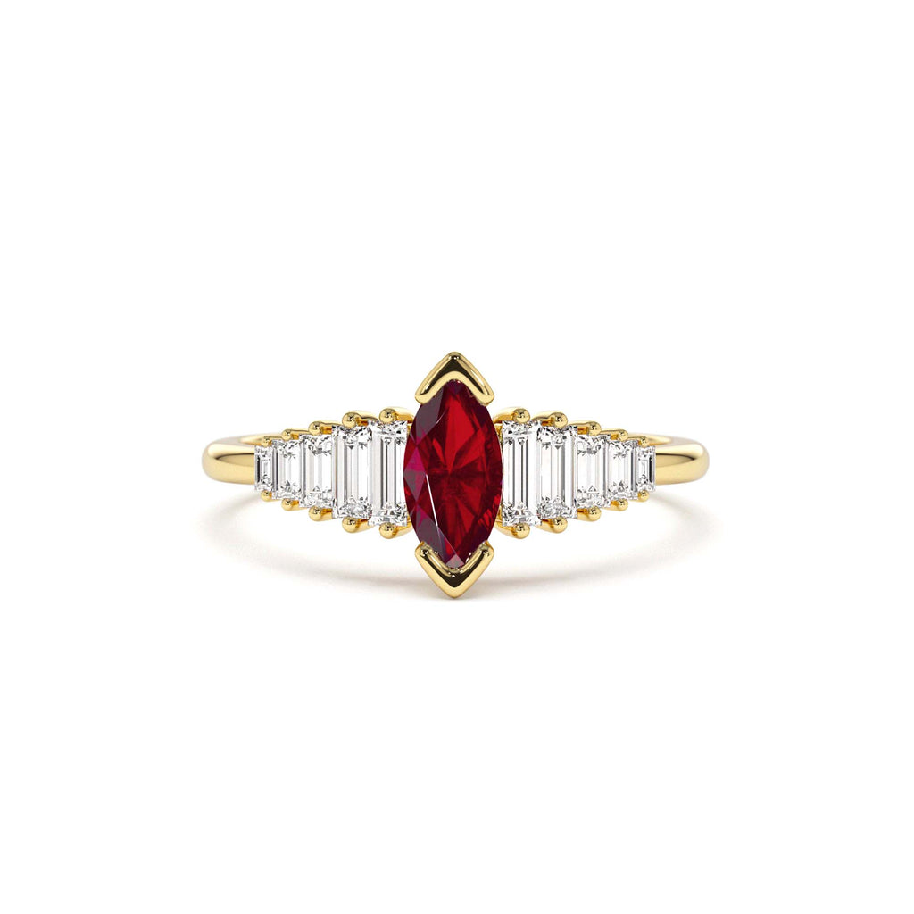14k Gold Marquise Shape Ruby Ring with Baguette Accents by Orlina Fine