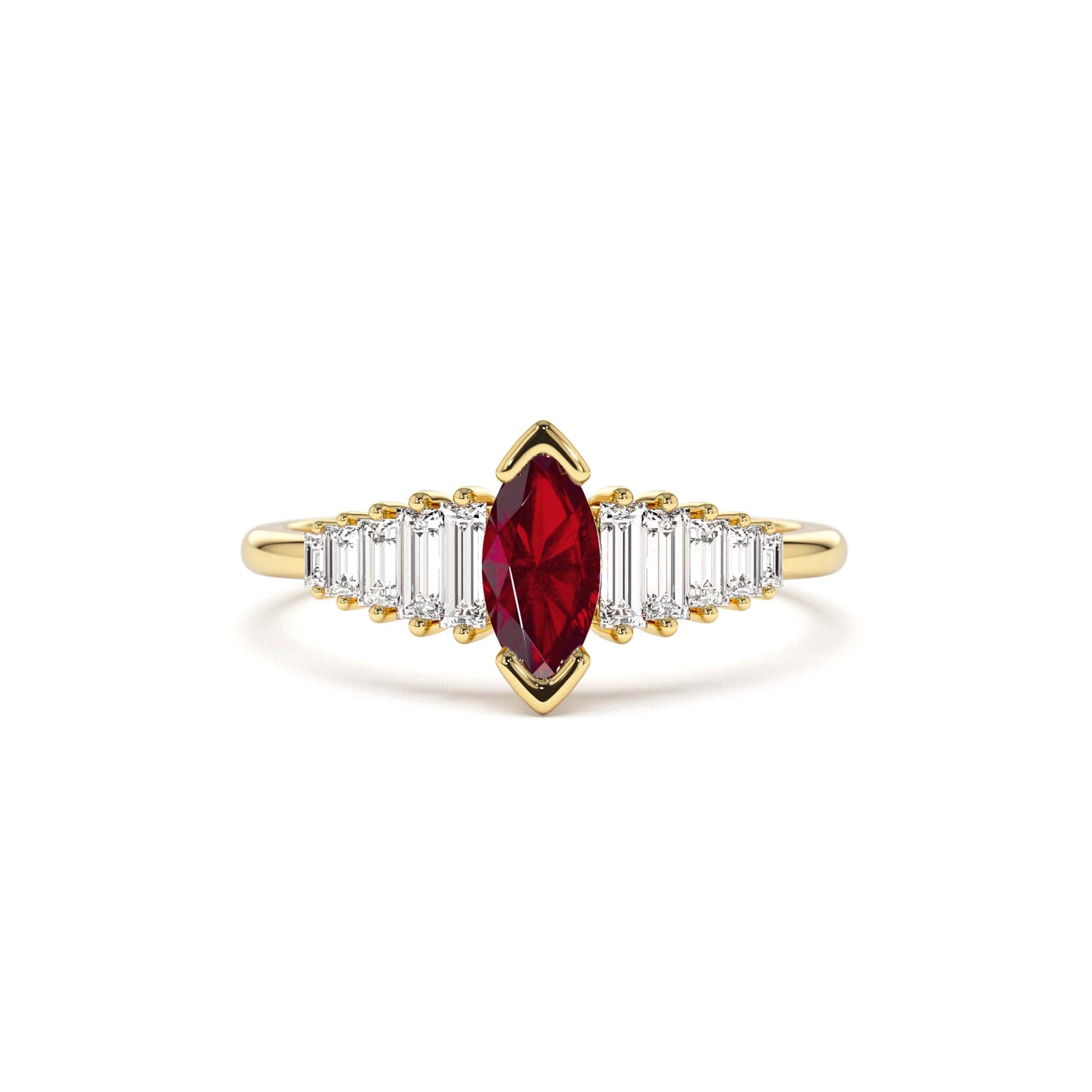 14k Gold Marquise Shape Ruby Ring with Baguette Accents by Orlina Fine