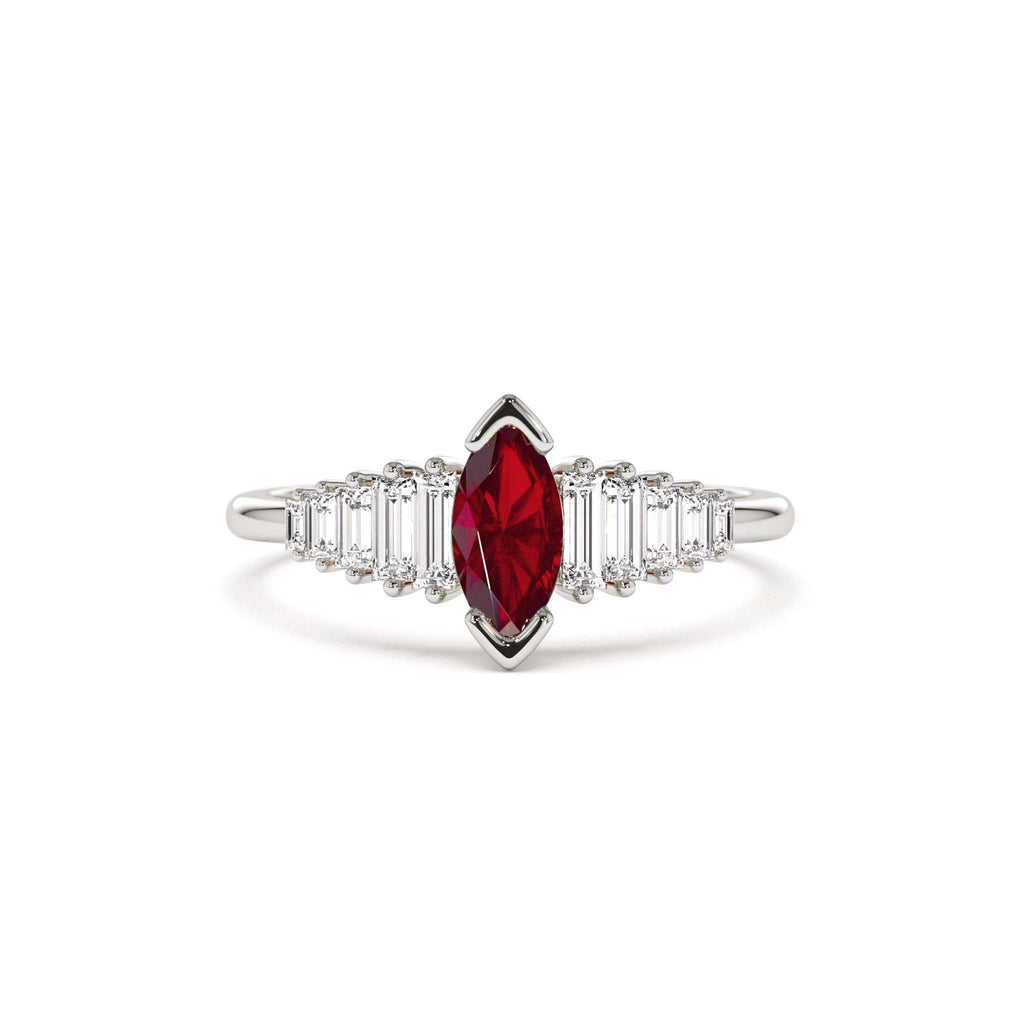 14k Gold Marquise Shape Ruby Ring with Baguette Accents - view 2