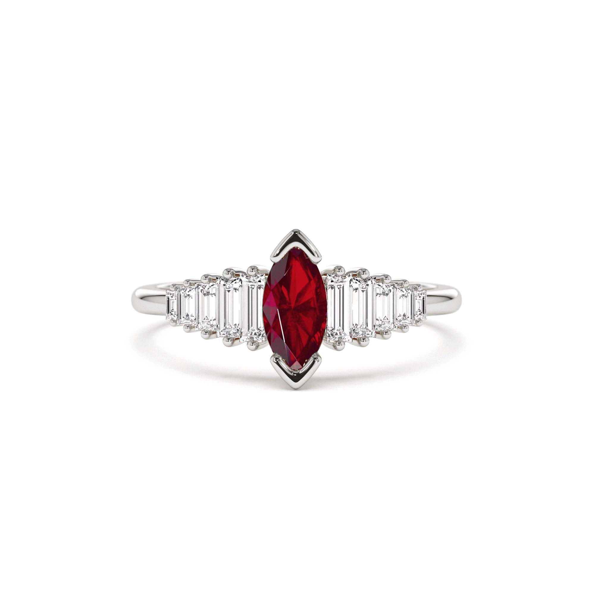 14k Gold Marquise Shape Ruby Ring with Baguette Accents - view 2